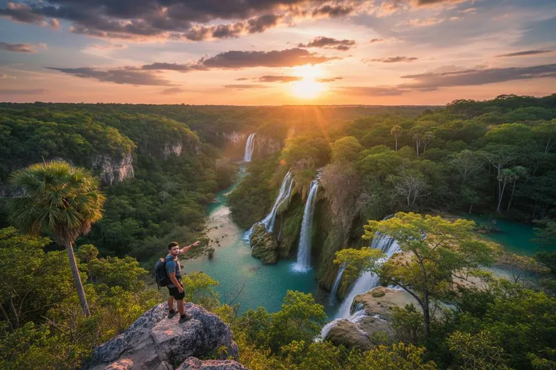 Turquoise river pool and limestone cliffs in Huasteca Potosina during the dry season