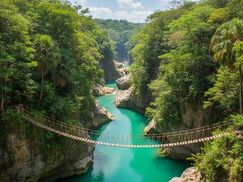 Huasteca Potosina waterfalls at peak flow in late rainy season — emerald water and full cascades in September
