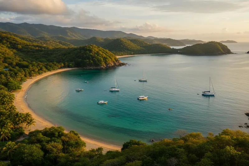 Blue Pacific water and rocky green shoreline in the bays of Huatulco