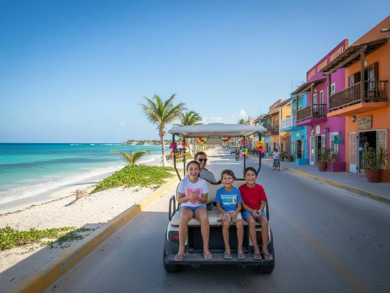 Family on a golf cart driving along the oceanfront road on Isla Mujeres Mexico, turquoise Caribbean Sea visible, bright tropical colors, smiling children, sunny day