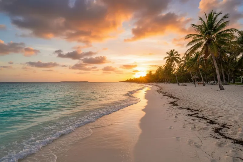 Palm trees above calm turquoise water and a white sand beach