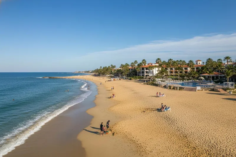 Wide sand and hotel towers along Playa El Palmar in Ixtapa