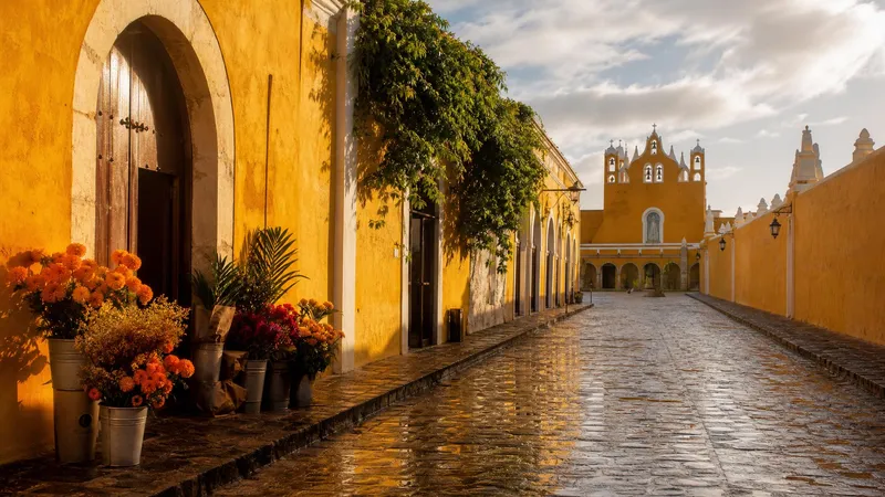 Yellow colonial street in Izamal after October rain during Yucatan travel