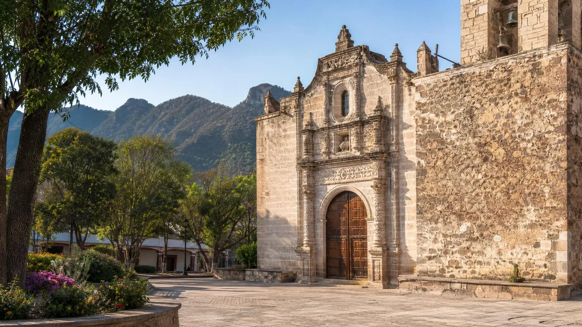 Jalpan de Serra mission in April with dry-season light, Sierra Gorda hills, and quiet post-Easter plaza weather