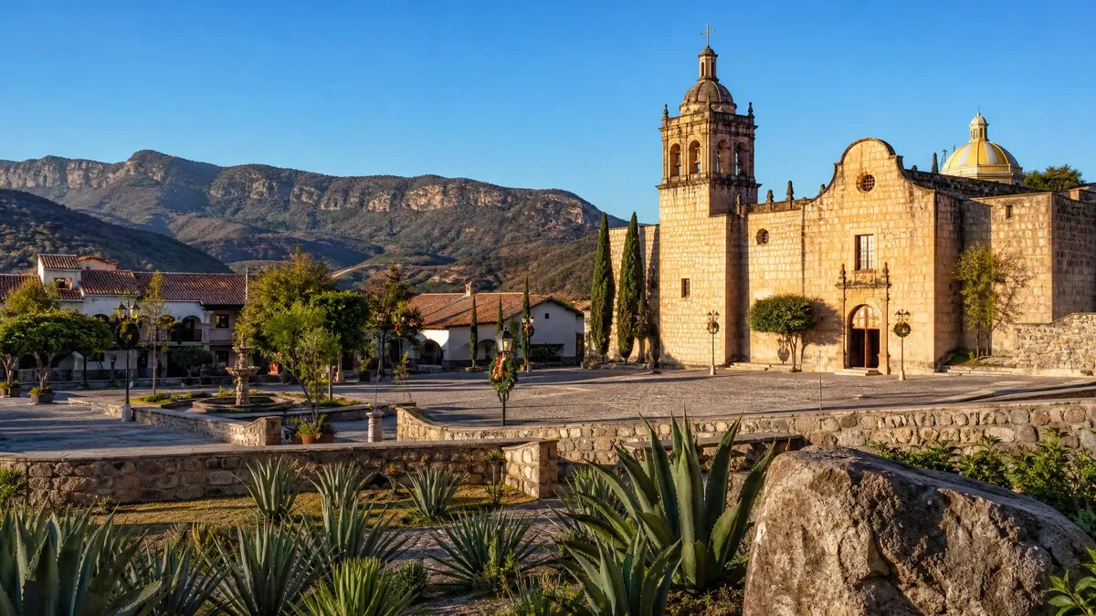 Jalpan de Serra mission in December with dry-season morning light, Sierra Gorda hills, and quiet holiday-season atmosphere