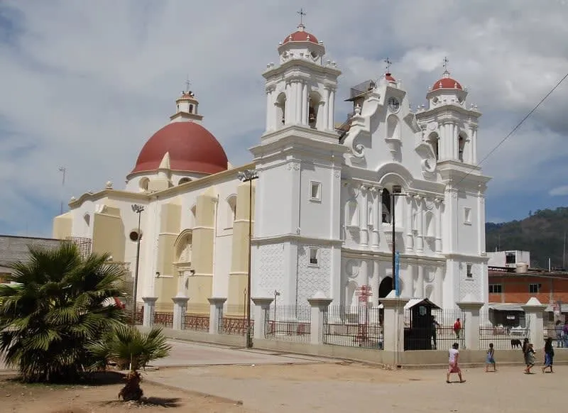 White Santa Catarina Juquila sanctuary facade with twin bell towers