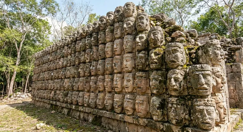 Kabah ruins Codz Poop Palace of Masks with 250 Chaac rain god faces carved into the facade — 23km south of Uxmal on the Puuc Route