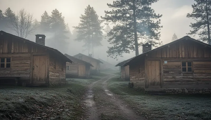 Wooden cabins in Latuvi village surrounded by morning fog