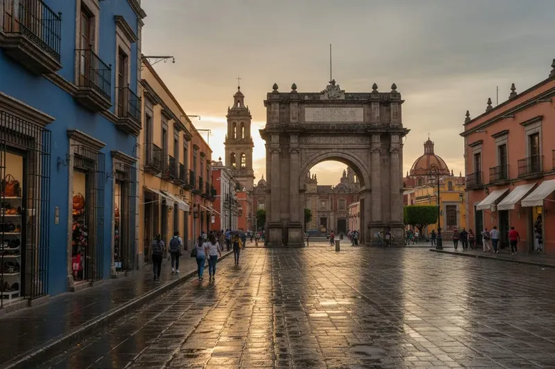 Historic Leon street near leather shops after summer rain with green Bajio hills beyond the city