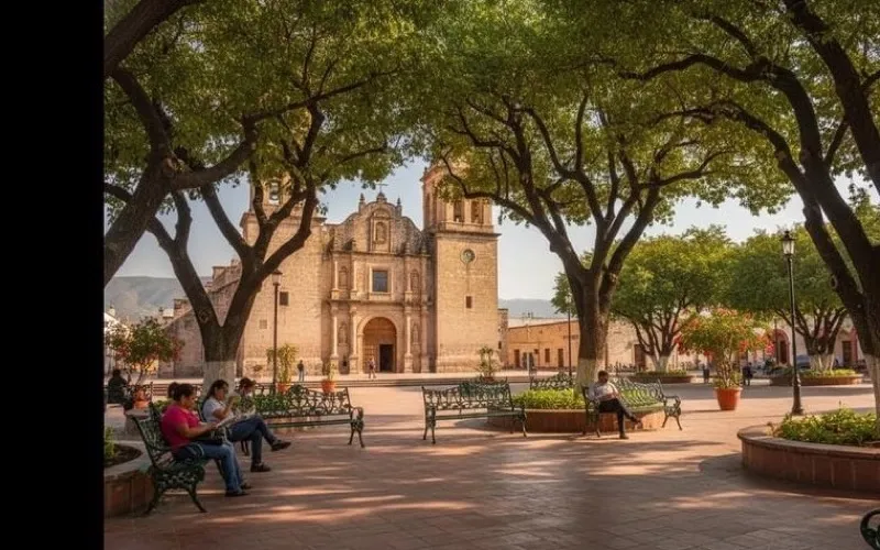 Shaded benches and arcades around Linares Plaza de Armas during a dry December afternoon