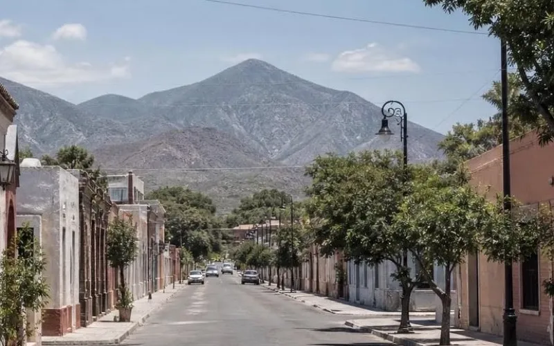 Sunny December street near Linares historic center with road-trip access south of Monterrey