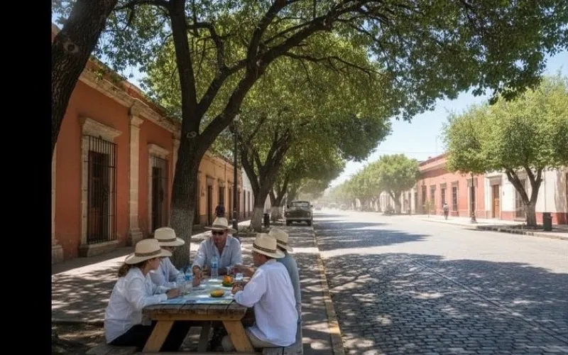 Quiet Linares sidewalk with December sun and shade from low colonial buildings