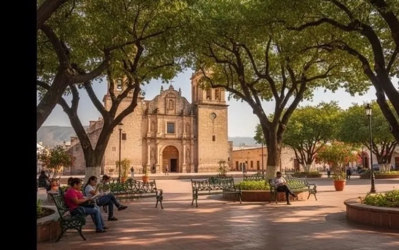 Benches and arcades around Linares Plaza de Armas during a February afternoon