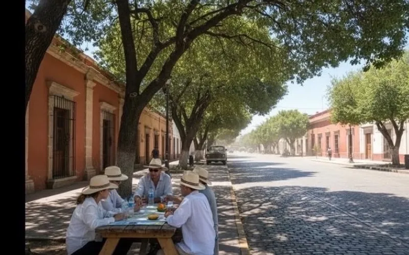 Quiet Linares sidewalk with February sun and shade near low colonial buildings