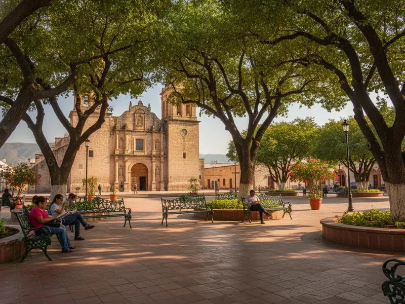 Shaded benches and arcades around Linares Plaza de Armas during a bright June afternoon