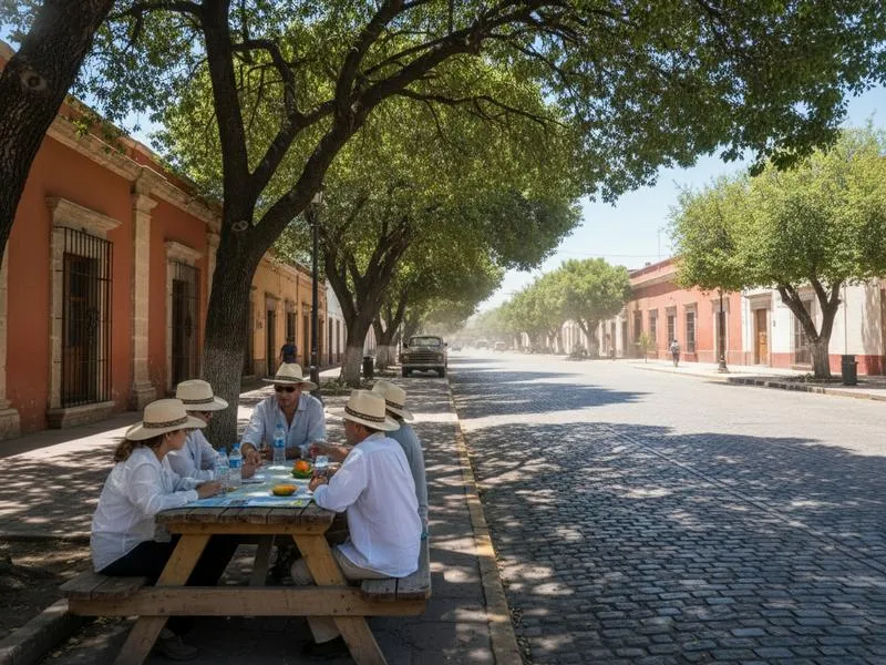 Quiet Linares sidewalk with strong June sun and shade from low colonial buildings