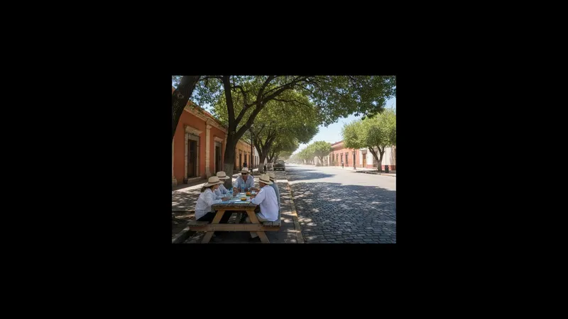 Quiet Linares sidewalk with strong September sun and shade from low colonial buildings