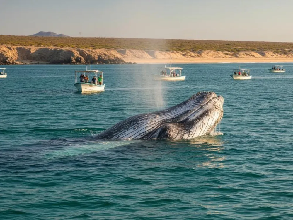 Gray whale surfacing beside a small boat in a calm Baja California Sur lagoon