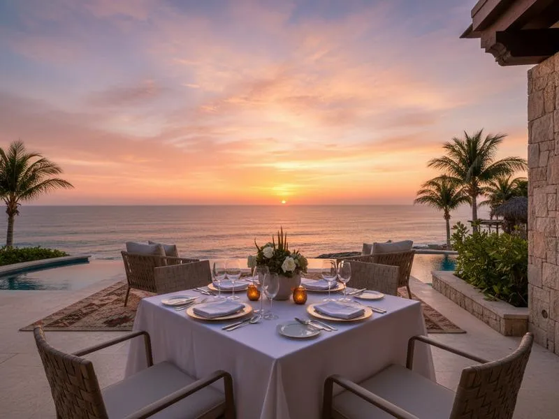 Sunset dinner setting in Los Cabos during an October beach trip