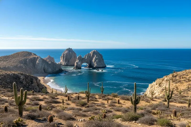 Los Cabos in February with dry desert weather and blue winter water near El Arco