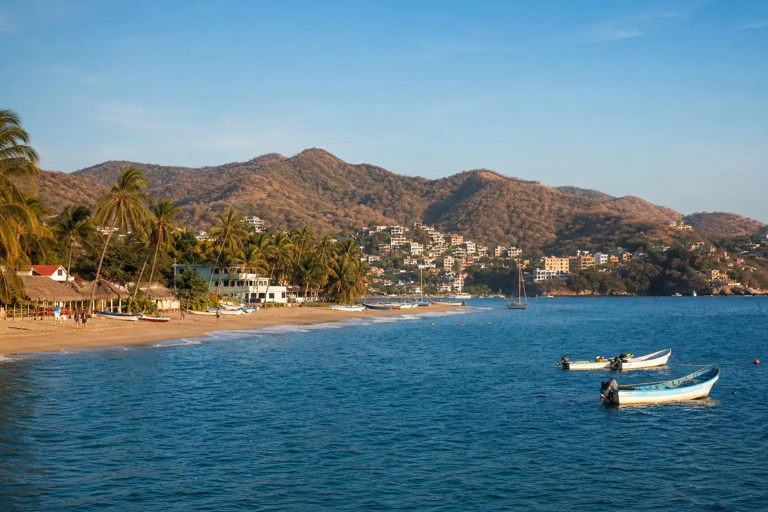 Manzanillo bay and palm-lined Pacific beach under clear February dry-season light