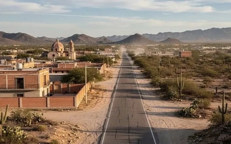 High-desert road near Matehuala in clear December weather before the route toward Real de Catorce
