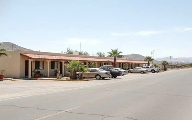 Roadside Matehuala hotel entrance with parking for a December desert road trip