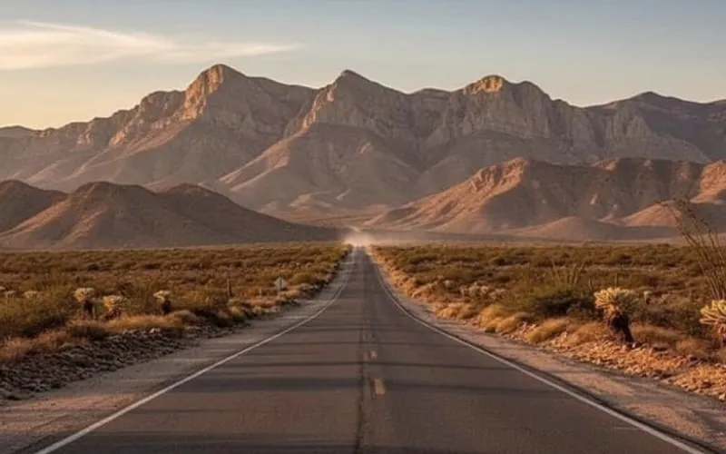 Dry December desert road from Matehuala toward Real de Catorce