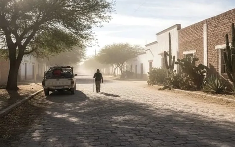 Bright Matehuala street scene with dry December light and limited shade