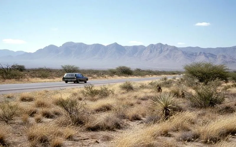 Open desert highway outside Matehuala with dry roadside scrub during July travel season
