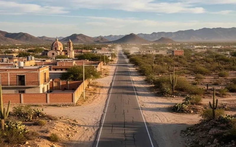 High-desert road near Matehuala under strong July sun before the route toward Real de Catorce