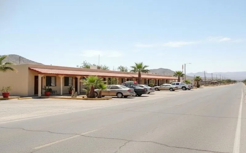 Roadside Matehuala hotel entrance with parking for a July desert road trip