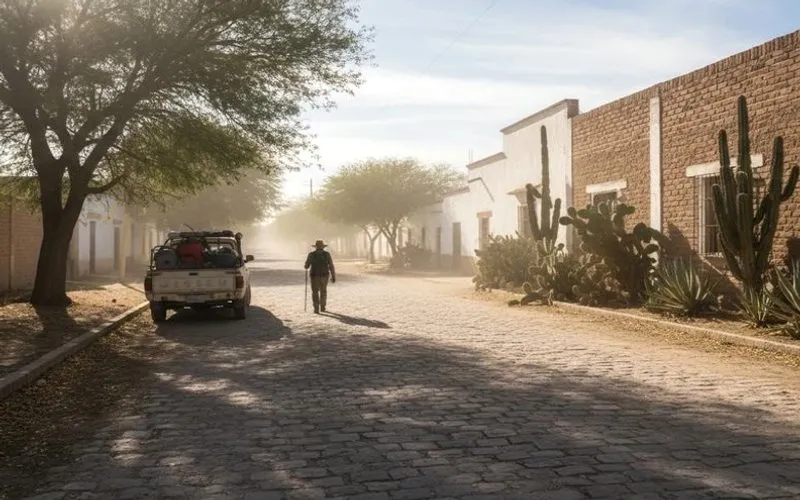 Bright Matehuala street scene with sparse shade during a hot July afternoon