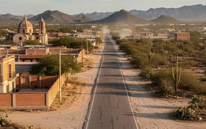 Dry high-desert road near Matehuala in March before the route toward Real de Catorce