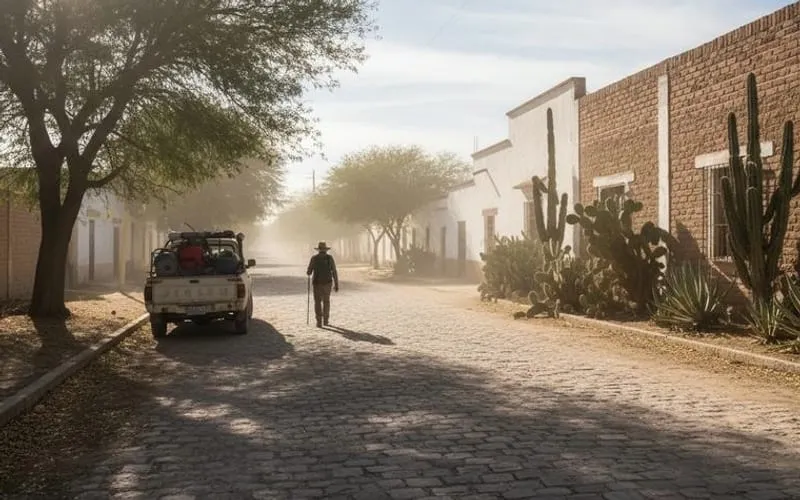 Bright March afternoon street in Matehuala with sparse shade and dry high-desert light