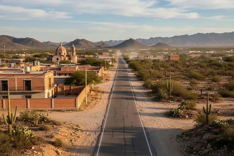 Late-afternoon sun over Matehuala streets before the desert road toward Real de Catorce