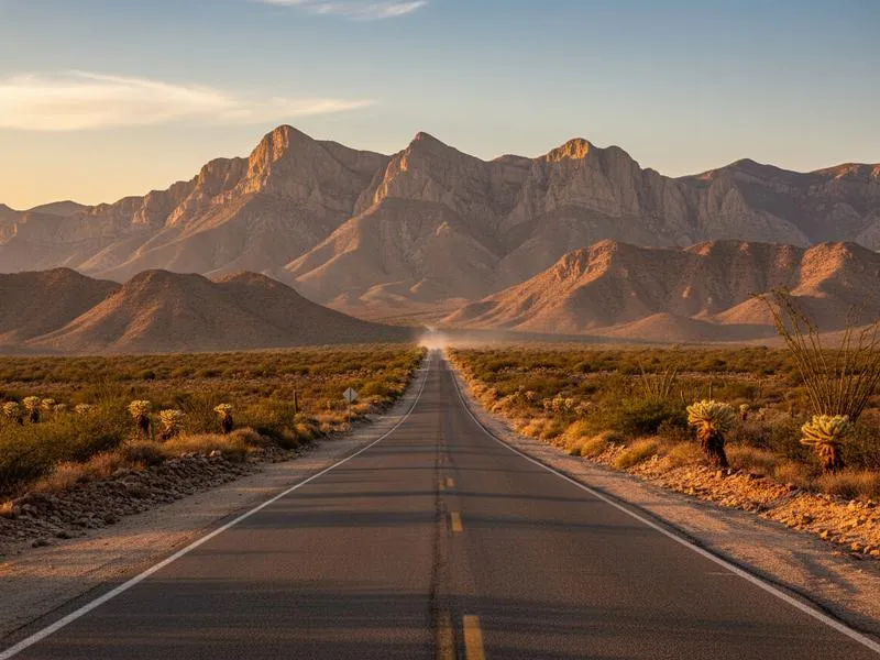 Desert road from Matehuala toward Real de Catorce with mountains on the horizon