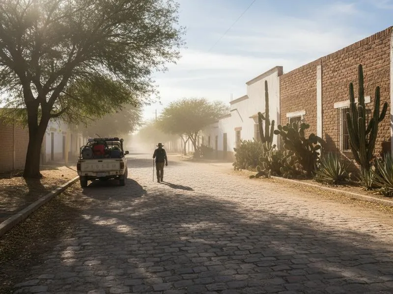 Bright Matehuala street scene with sparse shade during a hot May afternoon