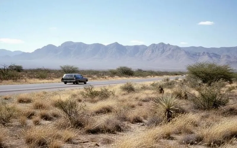 Open desert highway outside Matehuala with dry roadside scrub during September travel season