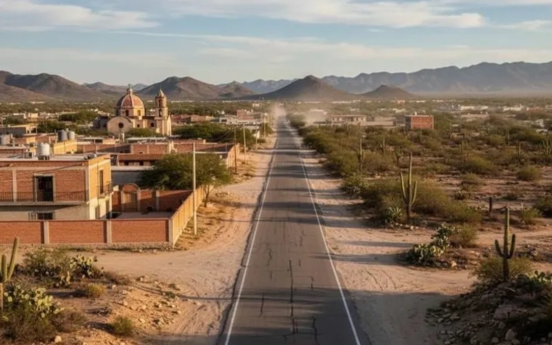 High-desert road near Matehuala under September sun before the route toward Real de Catorce