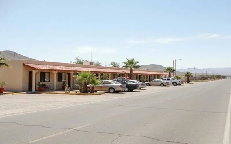Roadside Matehuala hotel entrance with parking for a September desert road trip