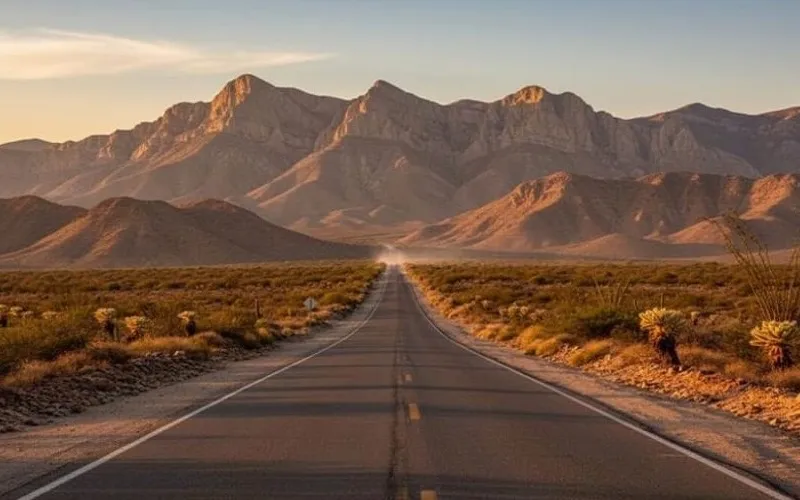 Desert road from Matehuala toward Real de Catorce with September clouds building near the mountains