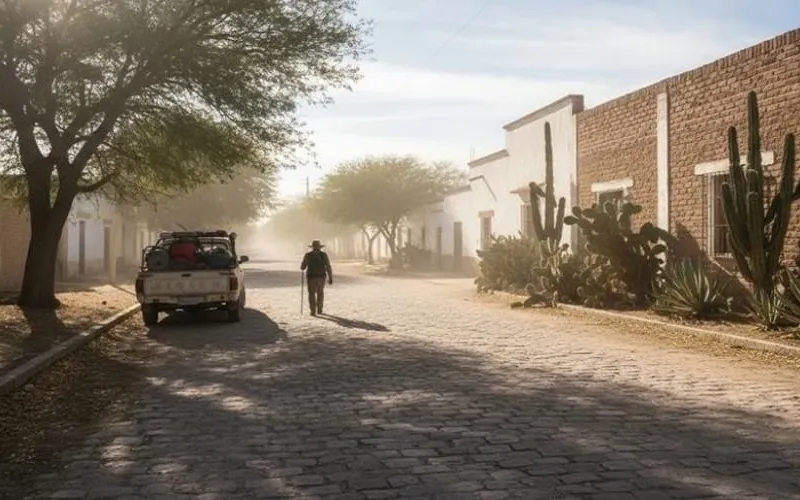 Bright Matehuala street scene with sparse shade during a hot September afternoon