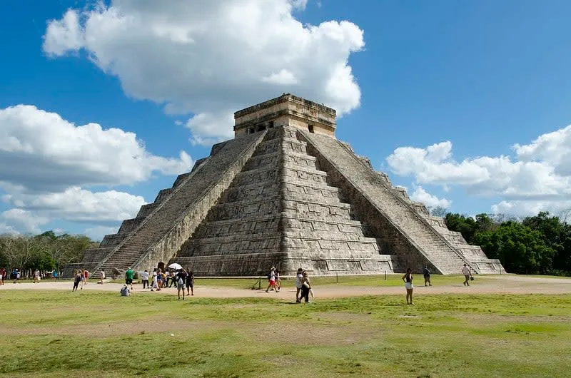 Kukulcan pyramid at Chichen Itza near a Maya Train stop