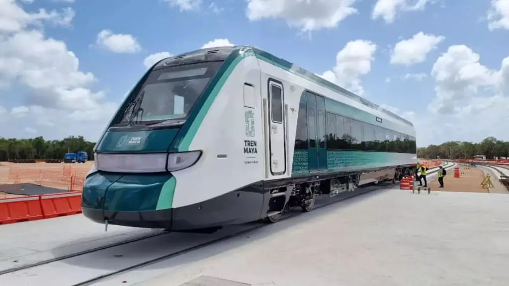 Tren Maya train at a station in southeastern Mexico