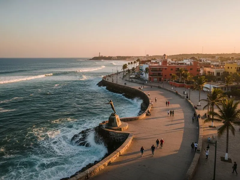 Mazatlán malecón oceanfront boardwalk at sunset with Pacific Ocean waves