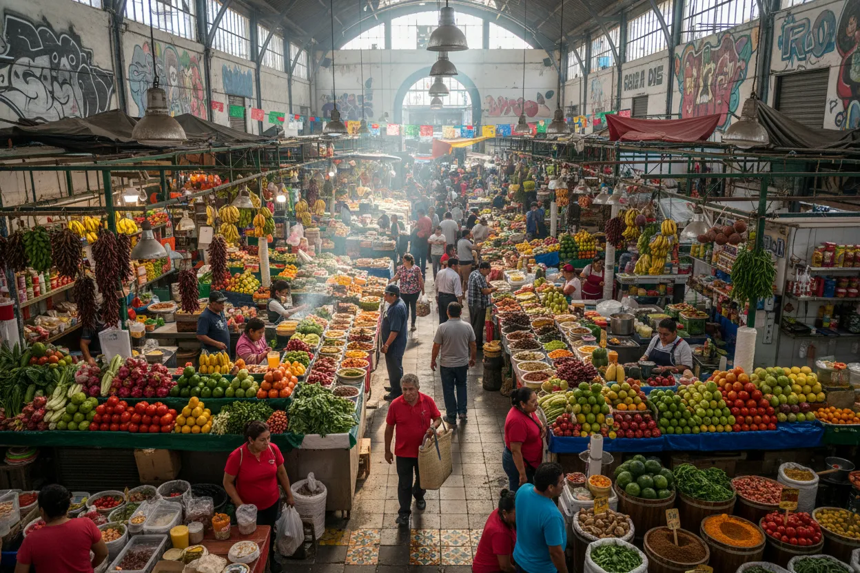 Mercado San Juan de Dios interior in Guadalajara — massive three-level covered market with fresh produce, meats, crafts, and food stalls