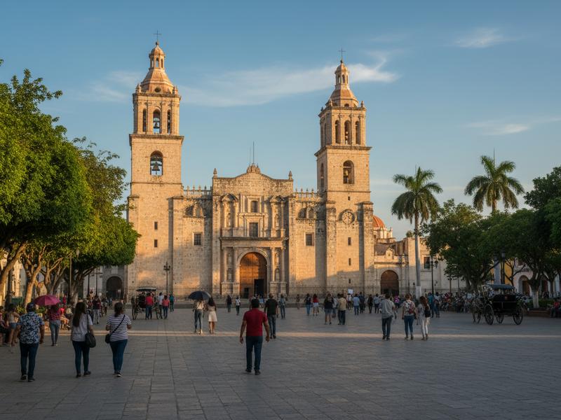 Mérida Mexico historic center with the Cathedral de San Ildefonso and Gran Plaza — the destination after the Palenque to Mérida journey