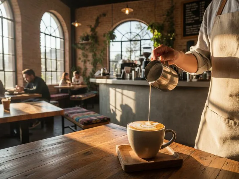Specialty pour-over coffee being prepared at a third-wave coffee shop in Merida with rustic interior design