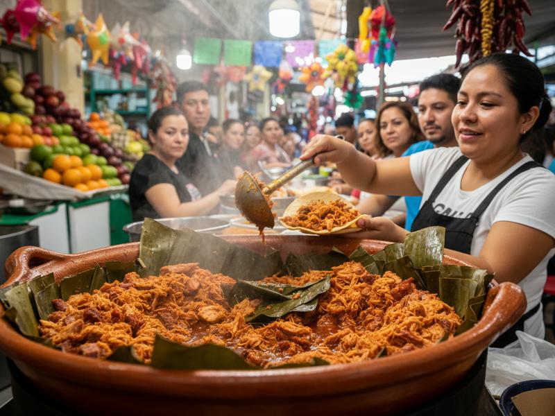 Cochinita pibil at Mérida market — Yucatán's signature slow-roasted pork dish, best enjoyed in the city after landing at MID